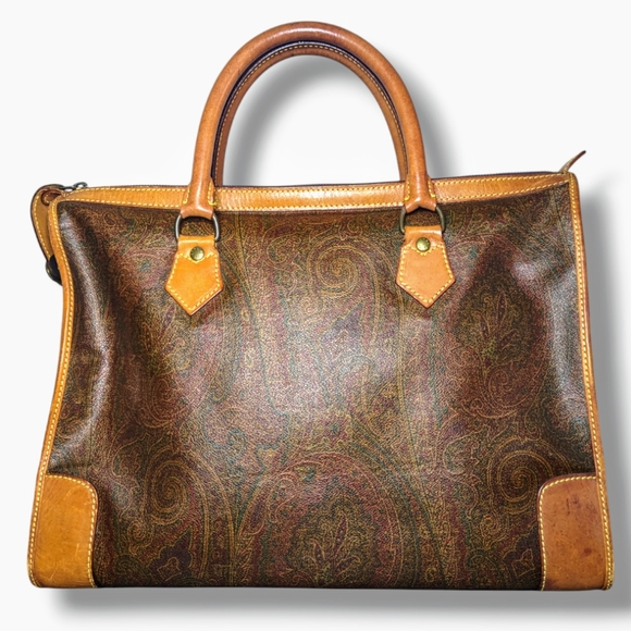 Etro | Vintage Milano Burgundy Paisley Tan Trim Leather Tote Bag - Picture 3 of 8